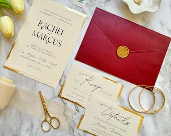 Wedding Invitation Card Set with Gold Foil wavy-cut edge design- Classic Invite Suite with Burgundy Envelope- with RSVP and Details Card