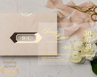 Wedding Invitation with minimalist design,  Acrylic Gold Invitations, Uniqe design, Gold foil, Clear Acrylic Invitation, with Envelope