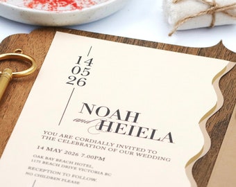 Elegant Wedding Invitation Set - Wavy Cut Gold Foil Brown Wedding Invitation