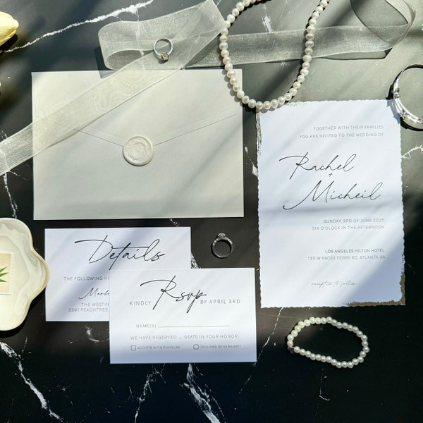 Wedding invitation suite with RSVP and details card - Gold foil details - full gray wedding invitation set with custom seal 'Ariella' SAMPLE