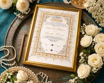 Personalized Islamic Wedding Certificate Frame, Gold Foil Nikah Certificate, Muslim Marriage Contract Decor, Arabic Calligraphy Wedding Gift