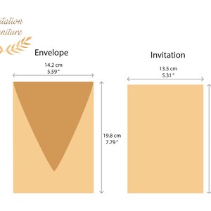 May include: Diagram showing the dimensions of a standard invitation envelope and invitation card. The envelope is 5.59 inches wide by 7.79 inches tall. The invitation card is 5.31 inches wide by 7.59 inches tall.