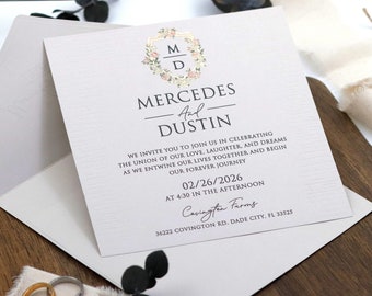Minimalist Square Gray Envelope - With Floral Monogram - Elegant Wedding Invitation Set - Modern Wedding Invitation