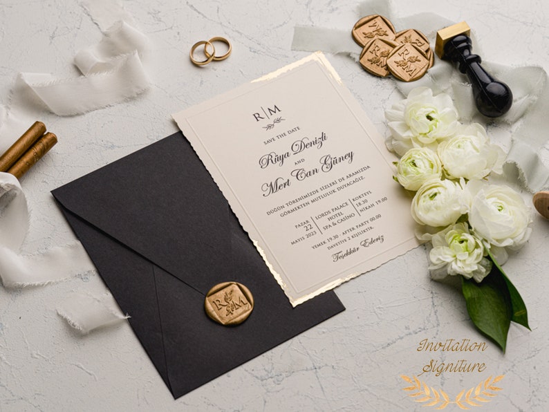 Trendy Design Custom Wedding Invitation Black Invitation Envelope with Custom wax seal unique Wavy-cut edges with Gold Foil details image 3