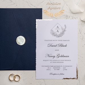 May include: A white wedding invitation with gold accents and a black and white floral design. The invitation features the names David Black and Nancy Goldman, the date December 30, 2022, and the time 7 PM. The invitation also includes the address 3600 Michaux St., Houston, TX 77009.