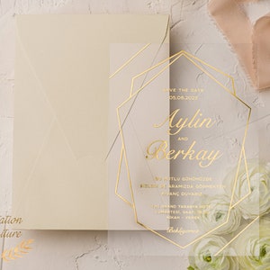 Modern Wedding Invitation Acrylic Clear Gold Classic Luxurious Design Transparent Invite with Envelope Engagement Anniversary Invite Card image 4