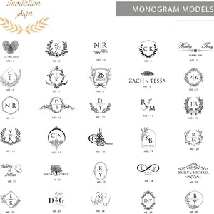 May include: A collection of 30 monogram models for wedding invitations. The models feature various styles, including floral wreaths, shields, and hearts. Each model includes a unique combination of letters and dates.