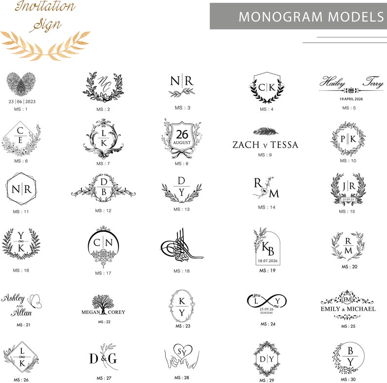 May include: A collection of 30 monogram models for wedding invitations. The models feature various styles, including floral wreaths, shields, and hearts. Each model includes a unique combination of letters and dates.