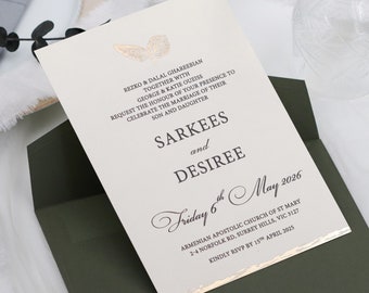 Gold Flower and Ribbon Detailed Cream Wedding Invitation - Accompanied by a Foil-Stamped Green Envelope - Perfect Harmony