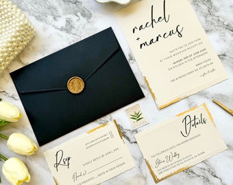 Custom Wedding Invitation Set with Gold Foil wavy-cut edge design- Trendy Invite Suite with Black Envelope- with RSVP and Details Card