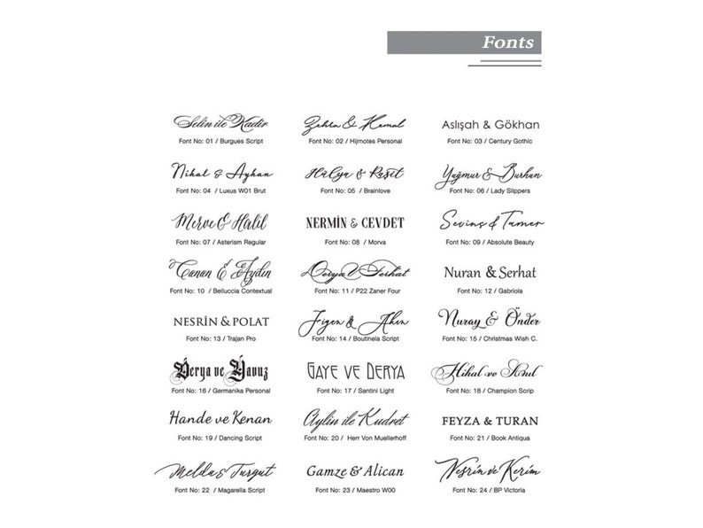 May include: A black and white image with a list of 24 different fonts, each with a name and font number. The fonts are displayed in a cursive style and are arranged in a grid pattern.