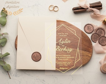 Modern Wedding Invitation Acrylic Clear Gold Classic Luxurious Design Transparent Invite with Envelope Engagement Anniversary Invite Card