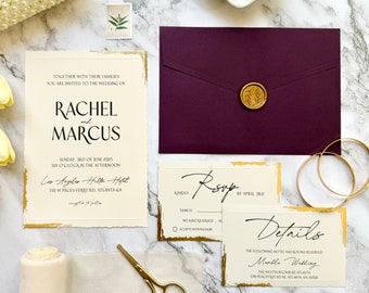 Wedding Invitation Card Set with Timeless Gold Foil edge design- Classic Invite Suite with Plum Purple Envelope- with RSVP and Details Card