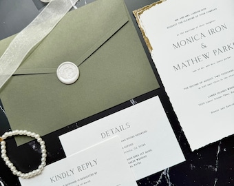 Wedding invitation suite set with a Classic design, wax seal, Sage Green invitation envelope, RSVP, and details card