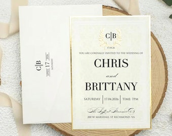 Crown Monogrammed White Elite Wedding Invitation Card, Unique Gold Edge Detailed Wedding Invitation Card