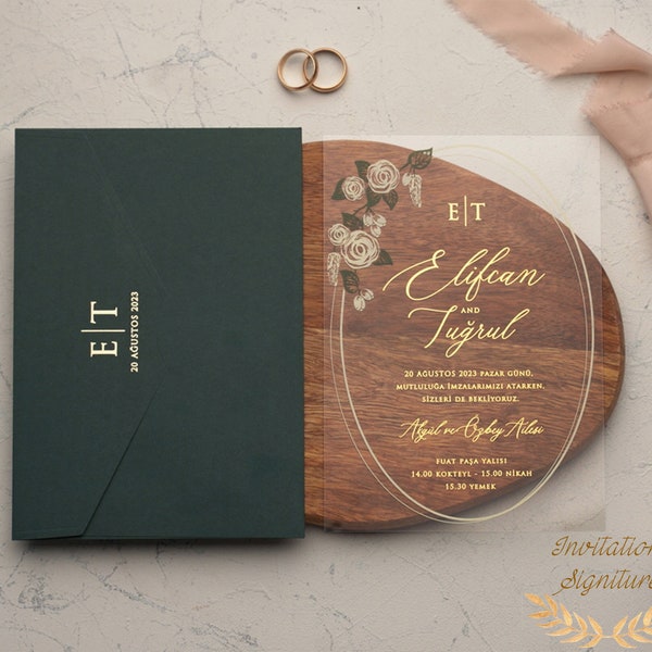 Acrylic Wedding Invitation Gold Foil Clear Green Botanical Floral Roses Design Elegant Spring Wedding Marriage Invite Envelope - Reception