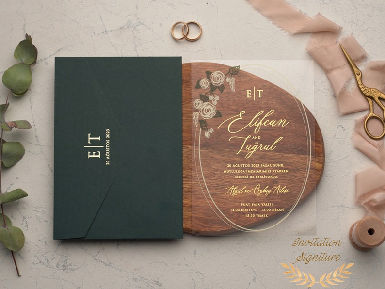 Acrylic Wedding Invitation Gold Foil Clear Green Botanical Floral Roses Design Elegant Spring Wedding Marriage Invite Envelope Reception image 1