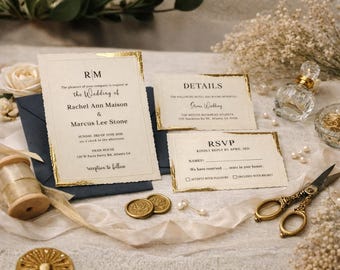 Elegant Navy & Gold Wedding Invitation Set, Classic Luxury Wedding Invitations with RSVP - Details Card, Formal Wedding Stationery