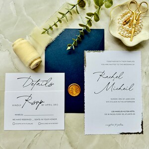 Wedding invitation suite with RSVP and details card - Silver foil details - full navy wedding invitation set with custom seal