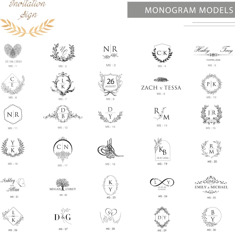 May include: A collection of 30 monogram models for wedding invitations. The models feature various styles, including floral wreaths, shields, and hearts. Each model includes a unique combination of letters and dates.