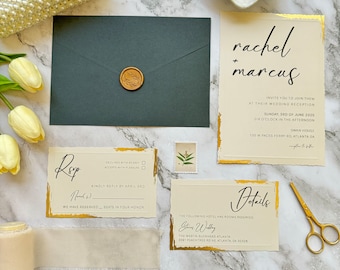 Trendy Wedding Invitation Set with Gold Foil wavy-cut edge design- Classic Invite Suite with EveryGreen Envelope- with RSVP and Details Card