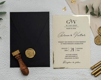 Personalized Wedding Invitation Set – Black Envelope, Gold Foil, Custom Wax Seal Elegant Invite