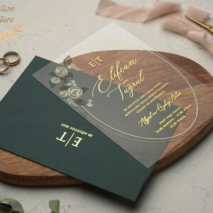 Acrylic Wedding Invitation Gold Foil Clear Green Botanical Floral Roses Design Elegant Spring Wedding Marriage Invite Envelope Reception image 2