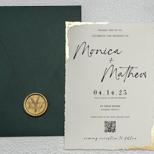 May include: A wedding invitation with a gold foil accent and a white background. The invitation reads "Please join us to celebrate the wedding of Monica + Mathew 04.14.25 Ten o'clock in the afternoon at Swan House Atlanta, Georgia Kindly RSVP by 30th January 2025 evening reception to follow"