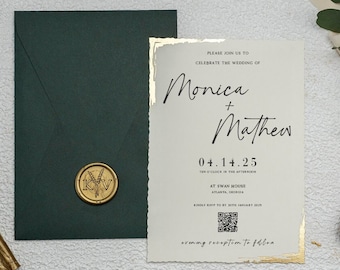 Paper Printed Wedding Invitation with Gold Foil Detail -  Gold Foil Deckle Edge Invitations with Wax Seal - Minimalist GreenEnvelope