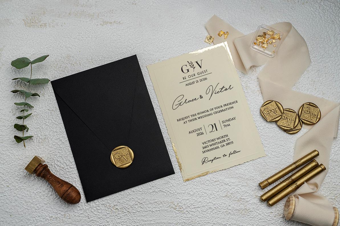 50 Pcs Luxury Wedding Invitation Set – Black Envelope, Gold Foil ...