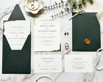Wedding invitation suite with RSVP and details card - Gold foil details - full Wedding invitation set with custom wax seal