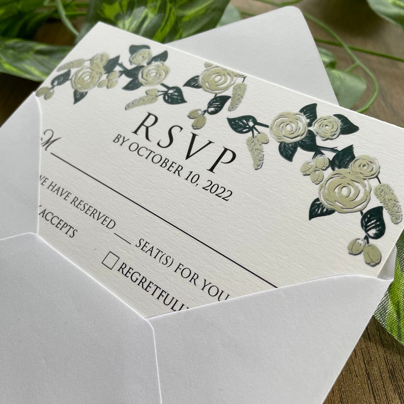 Acrylic Wedding Invitation Gold Foil Clear Green Botanical Floral Roses Design Elegant Spring Wedding Marriage Invite Envelope Reception image 4