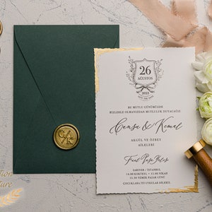 Faire-part de mariage Faire-part de mariage avec bordure ornée d'une feuille d'or Design minimaliste