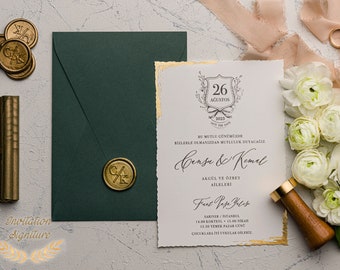 Wedding Invitation Gold Foil Deckle Edge Invitations Minimalist Design