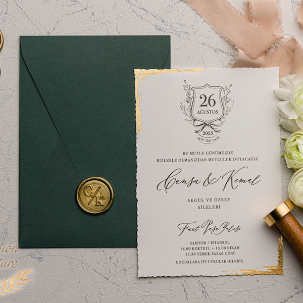 Wedding Invitation Gold Foil Deckle Edge Invitations Minimalist Design