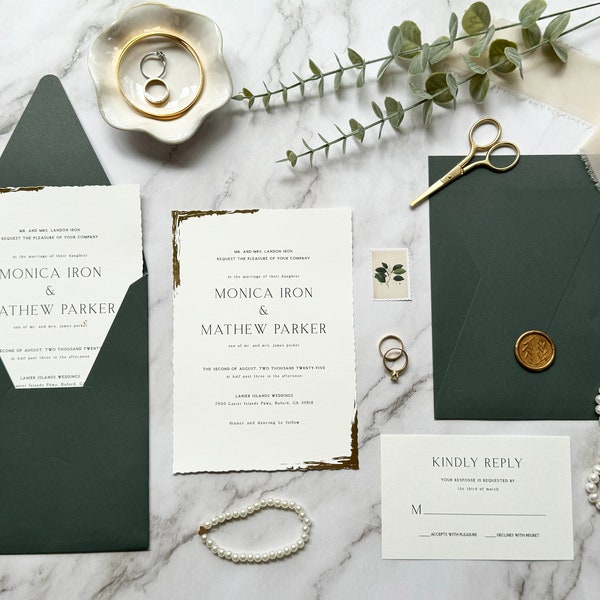 Gold Foil Detail Wedding Invitation Set with RSVP and details card - Full Wedding Invitation Suite with Custom Wax Seal