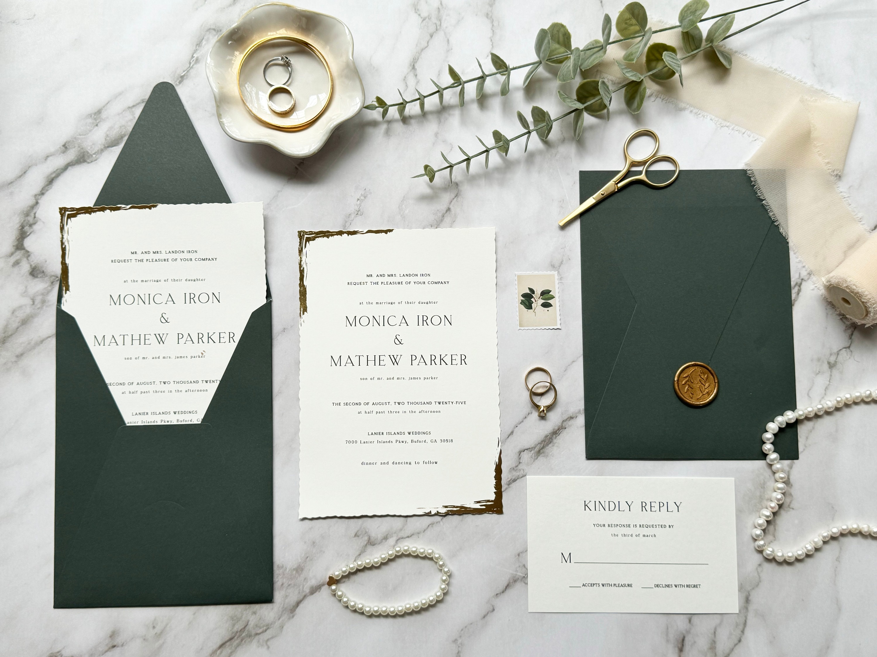 Gold Foil Detail Wedding Invitation Set with RSVP and details card - Full Wedding Invitation Suite with Custom Wax Seal