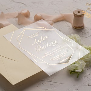 Modern Wedding Invitation Acrylic Clear Gold Classic Luxurious Design Transparent Invite with Envelope Engagement Anniversary Invite Card image 3