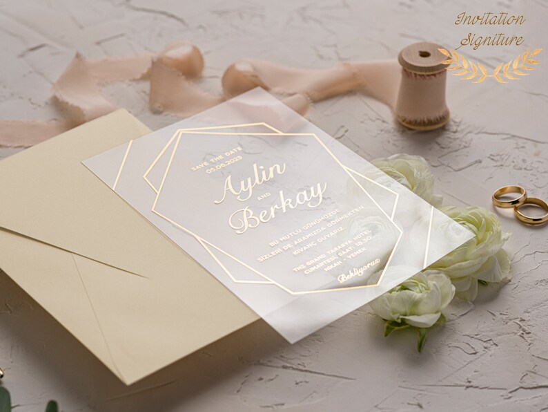 Modern Wedding Invitation Acrylic Clear Gold Classic Luxurious Design Transparent Invite with Envelope Engagement Anniversary Invite Card image 3