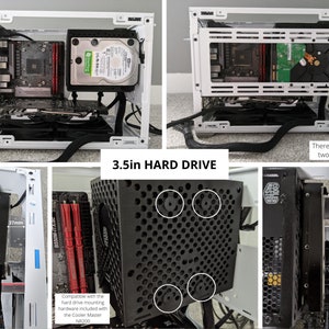 May include: A white computer case with a black hard drive bay. The bay has four screw holes and is compatible with the hard drive mounting hardware included with the Cooler Master NR200. There is space for two 3.5-inch hard drives.