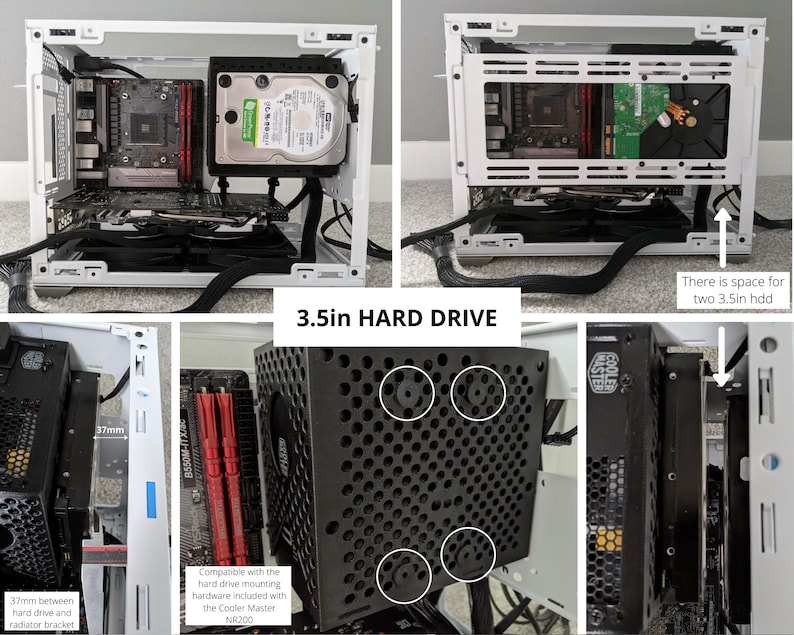May include: A white computer case with a black hard drive bay. The bay has four screw holes and is compatible with the hard drive mounting hardware included with the Cooler Master NR200. There is space for two 3.5-inch hard drives.