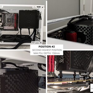 May include: A white computer case with a black power supply unit installed. The power supply is mounted in the second highest position, with a maximum depth of 150mm. There is 23mm of space between the power supply and the graphics card.