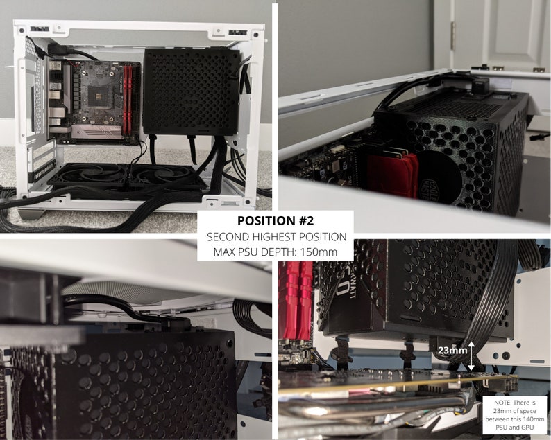 May include: A white computer case with a black power supply unit installed. The power supply is mounted in the second highest position, with a maximum depth of 150mm. There is 23mm of space between the power supply and the graphics card.