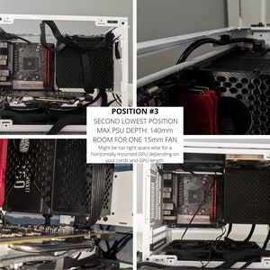 May include: A white computer case with a black power supply unit installed. The power supply unit is in the second lowest position, with a maximum depth of 140mm. There is room for one 15mm fan. The text "POSITION #3" is visible in the image.