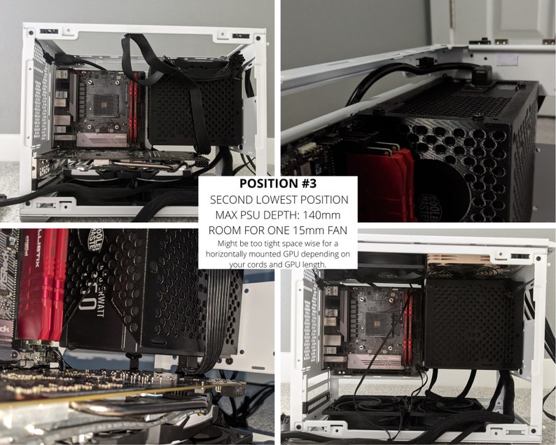 May include: A white computer case with a black power supply unit installed. The power supply unit is in the second lowest position, with a maximum depth of 140mm. There is room for one 15mm fan. The text "POSITION #3" is visible in the image.
