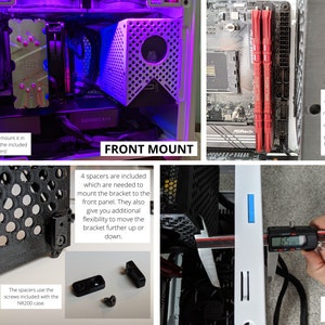 May include: A close-up of a computer case with a front-mounted radiator. The radiator is attached to a bracket with four spacers. The text "FRONT MOUNT" is visible in the image. The image also shows a measurement of 65mm between the bracket and the radiator mount.