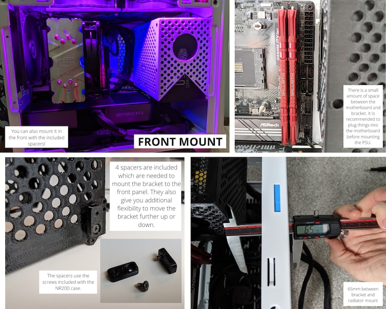 May include: A close-up of a computer case with a front-mounted radiator. The radiator is attached to a bracket with four spacers. The text "FRONT MOUNT" is visible in the image. The image also shows a measurement of 65mm between the bracket and the radiator mount.