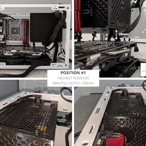 May include: A white computer case with a black power supply unit installed. The power supply unit is in the highest position, with a maximum depth of 150mm. There is 28mm of space between the power supply unit and the graphics card.