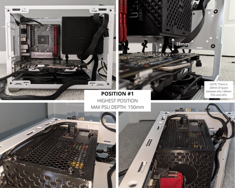 May include: A white computer case with a black power supply unit installed. The power supply unit is in the highest position, with a maximum depth of 150mm. There is 28mm of space between the power supply unit and the graphics card.
