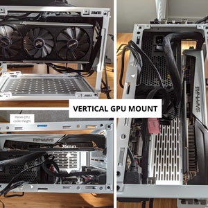 May include: A white computer case with a vertical GPU mount. The GPU is a Sapphire Pulse Radeon RX 6700 XT. The case has a 76mm clearance for a CPU cooler.